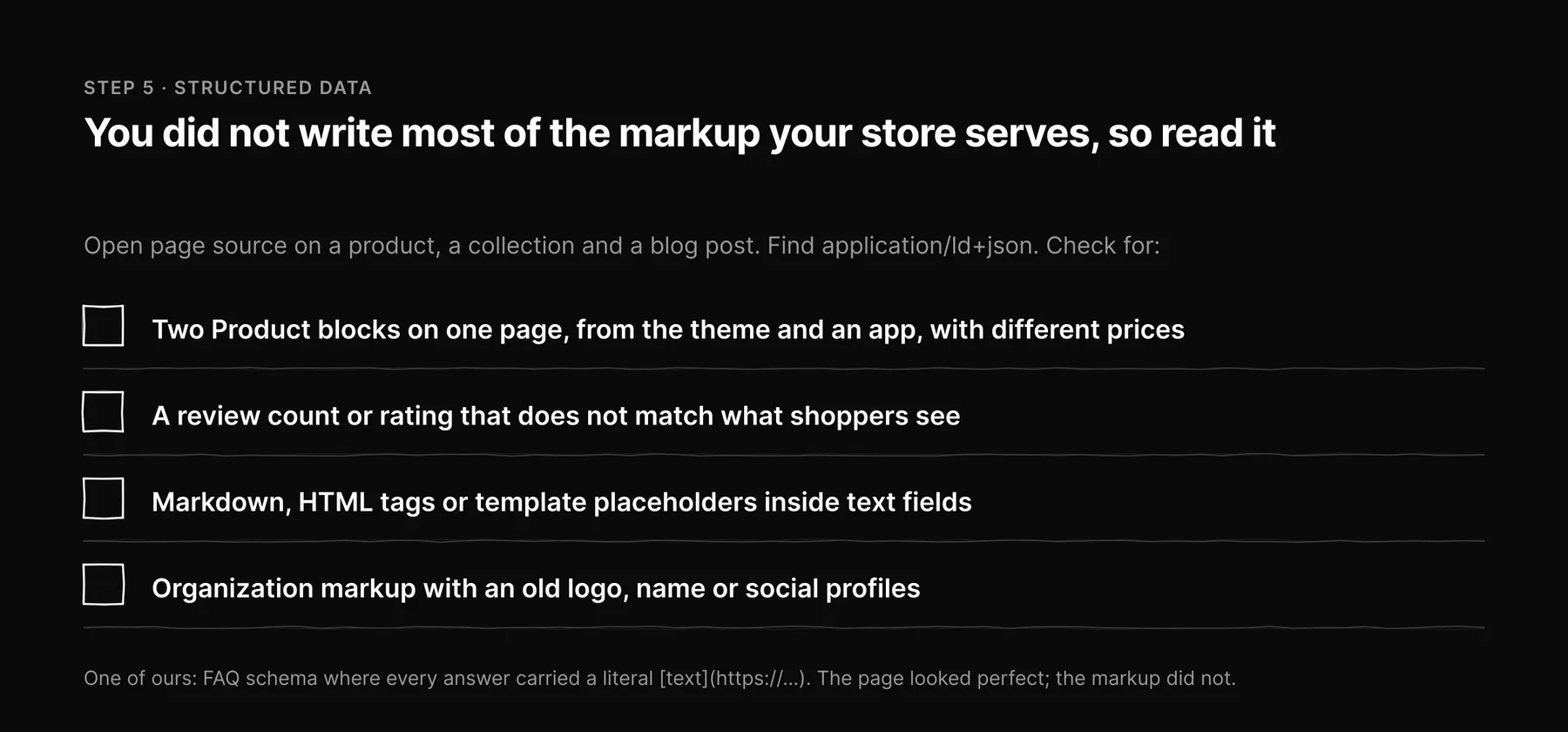 Checklist of four structured data problems to look for in a Shopify store's page source.