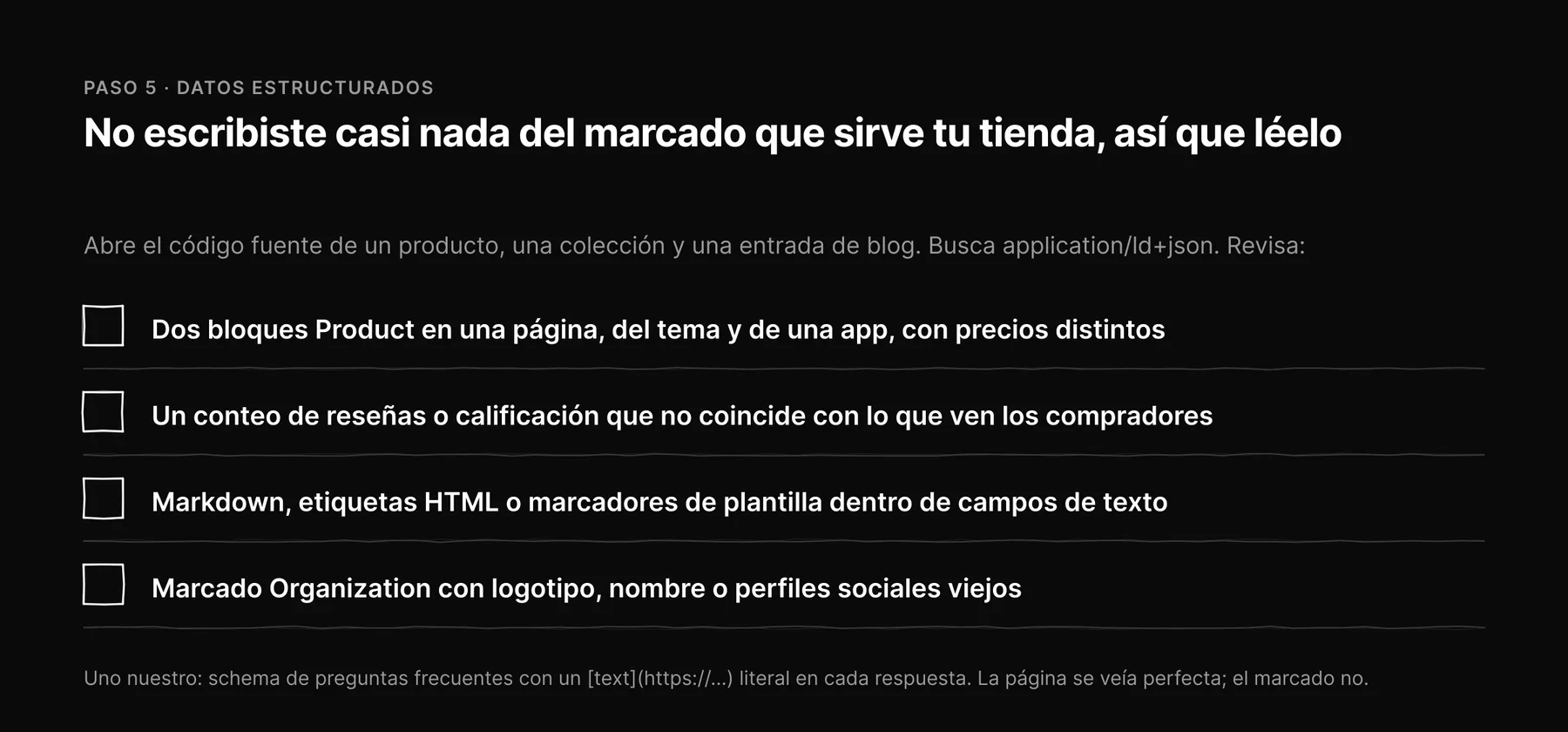 Lista de verificación de cuatro problemas de datos estructurados que hay que buscar en el código fuente de una tienda Shopify.