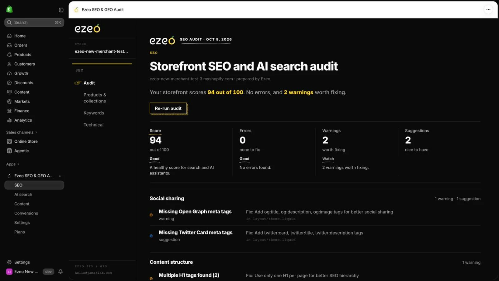 Ezeo SEO audit page in Shopify admin: a storefront score, errors and warnings, and findings grouped by category with a fix for each